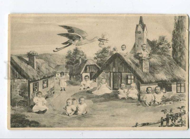 257490 Multiple babies w/ STORK Town Vintage COLLAGE postcard