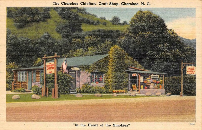 NC, North Carolina  CHEROKEE CHIEFTAN CRAFT SHOP Roadside c1940's Linen Postcard