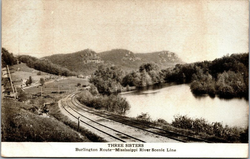 Vtg Three Sisters Burlington Route Mississippi River Train Railroad Postcard