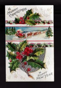 1911 Christmas Embossed Picture Postcard Scene & Holly!