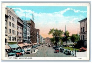 c1930's Front Street View Cars Plaza Stores Worcester Massachusetts MA Postcard