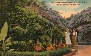 Vintage Postcard 1930's Oldest School House Plants Flowers St. Augustine Florida