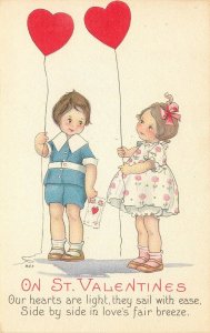 Vintage Valentine Postcard 1405C Mary Evans Price Children Heart Shaped Balloons