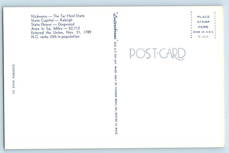 c1950's Greetings From North Carolina Tar Heel State Map Correspondence Postcard