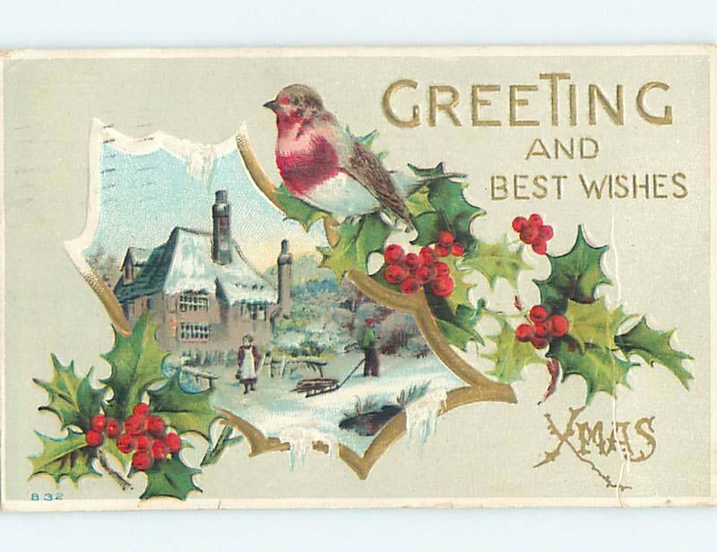 Pre-Linen christmas BOY WITH SLED OUTSIDE HOUSE & BIRD ON HOLLY BRANCH hr2777