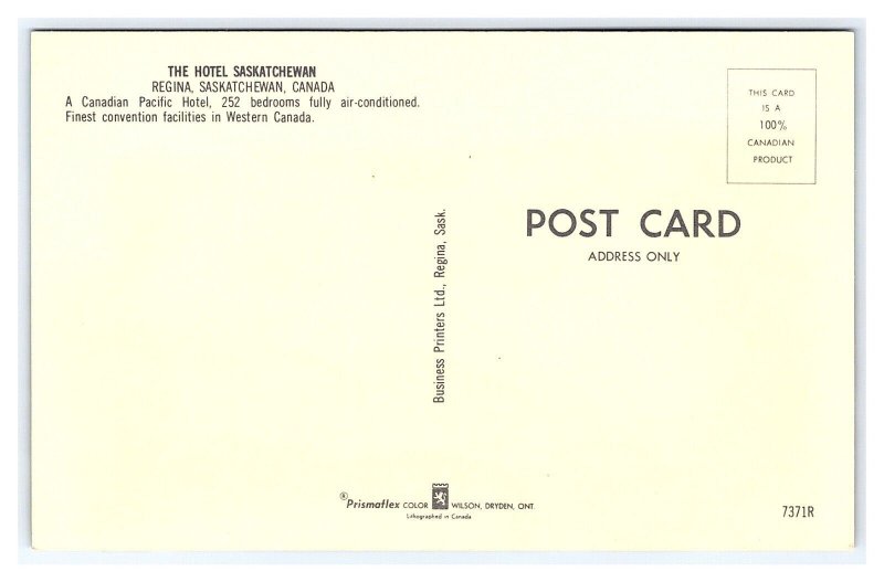 The Hotel Saskatchewan Regina Saskatchewan Canada Postcard