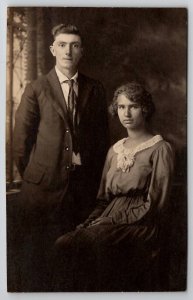 RPPC Lovely Young Couple Studio Portrait Woman Curly Hair c1915 Postcard E29