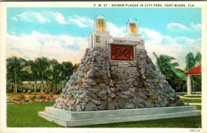 VINTAGE POSTCARD EDISON PLAQUE IN CITY PARK FORT MYERS FLORIDA WHITE BORDER