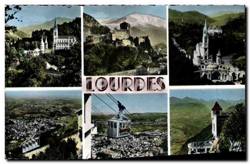 Modern Postcard Lourdes Basilica and mountains