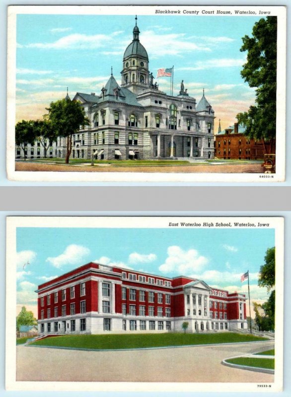 2 Postcards WATERLOO, IOWA ~ Blackhawk County COURT HOUSE, HIGH SCHOOL c1940s