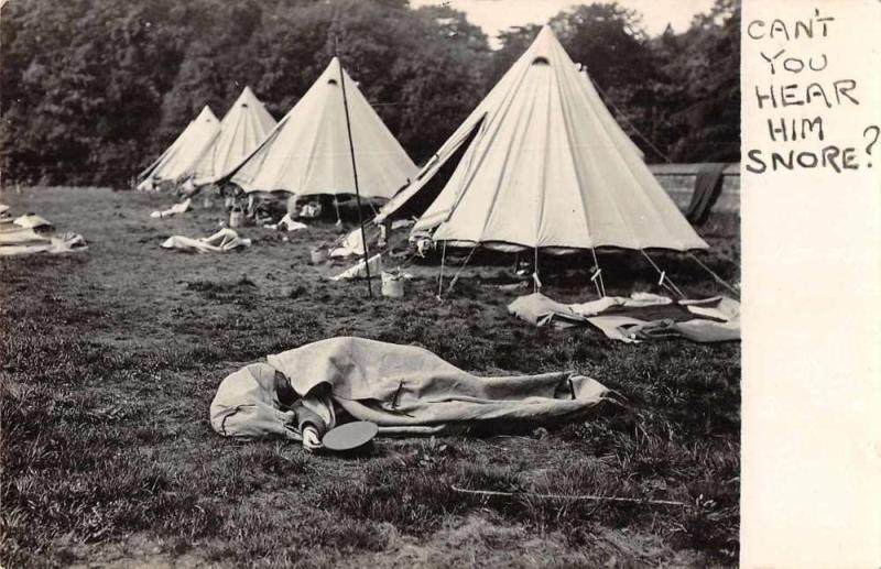 Camping Scene Tents Man Snoring Real Photo Antique Postcard J72566