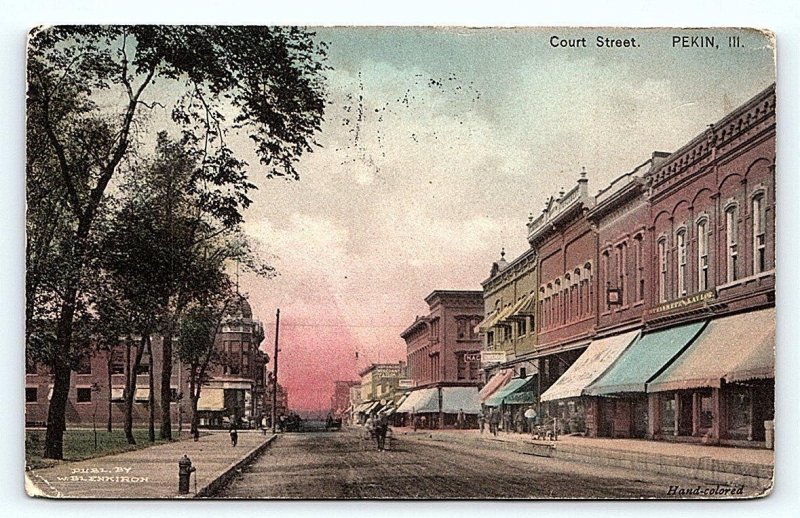 PEKIN, IL Illinois~ COURT STREET SCENE 1911 Tazewell County Handcolored Postcard