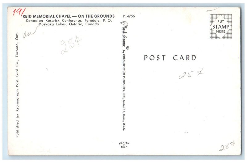 c1950's Reid Memorial Chapel On Grounds Muskoka Lakes Ontario Canada Postcard