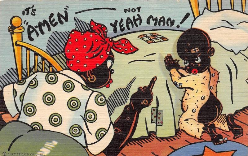 E13/ Black Americana Comic Linen Postcard Amen Yeah Man Boy Praying Bed 33