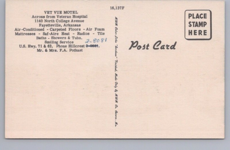 Vet Vue Motel, Fayetteville, Arkansas, Vintage Linen Postcard