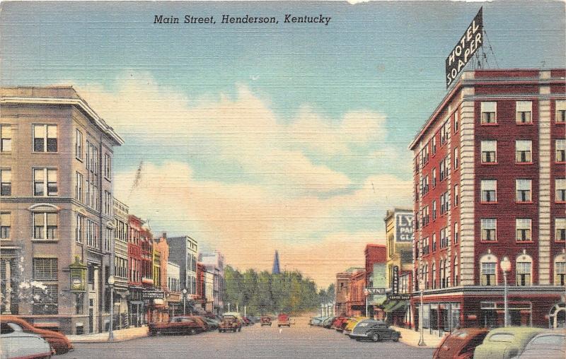 Henderson Kentucky~Main Street~Hotel soaper~Storefronts~40s Cars~Postcard