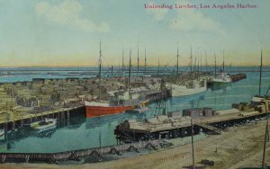 C.1905-10 Unloading Lumber Los Angeles Harbor, CA Vintage Postcard P88