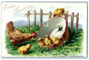 1907 Easter Greetings Chicken Hen Chicks Broken Bowl Tuck's Antique Postcard