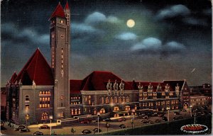 Linen Postcard Union Station at Night in St. Louis, Missouri