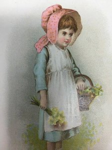 Antique Favorite Cream Root Beer Trade Card Young Girl Bonnet Flowers Basket