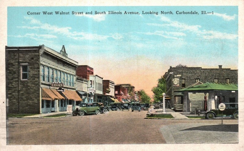 Vintage Postcard 1920's Corner West Walnut St. & South Illinois Ave. Carbondale