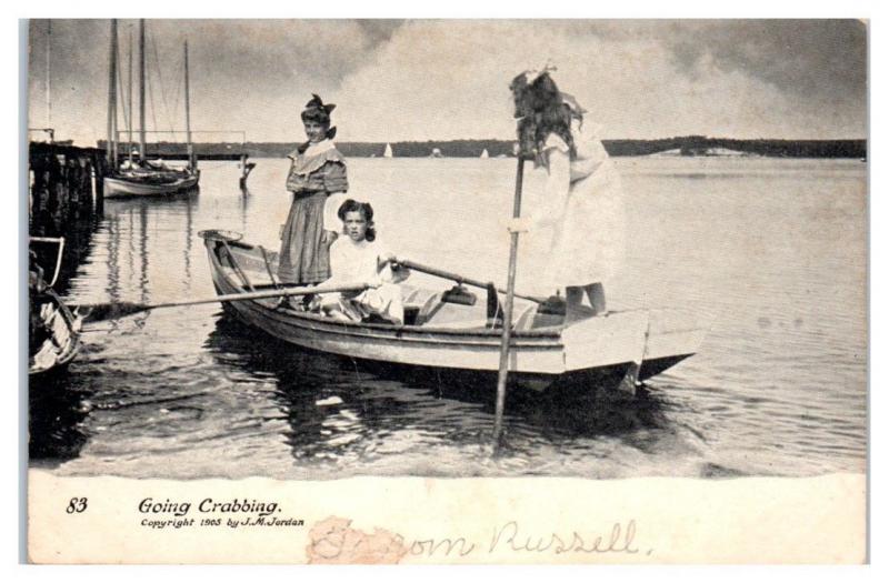 Early 1900s Three Girls going Crabbing Postcard