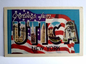 Greetings From Utica New York Postcard Large Big Letter City Linen US Flag NY