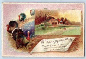 Thanksgiving Postcard Turkeys And Houses Embossed Clapsaddle c1910's Antique