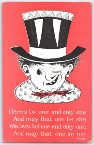Vintage Winking Man Red Top Hat Valentine Postcard 1 Cent Stamp