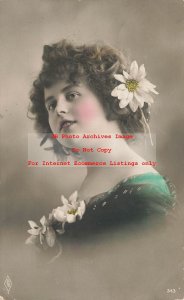 PFB Tinted RPPC No 343, Studio Shot, Woman with Flower in Hair