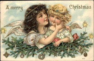 Christmas Little Girl Angels Hugging c1910 Vintage Postcard