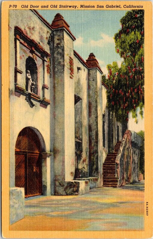 Old Door Stairway 4th Mission San Gebriel California CA Valley Linen Postcard  