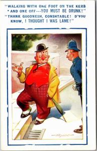 Comic Bamforth Drunk, Police Walking on Curb Kerb Taylor Vintage Postcard K02