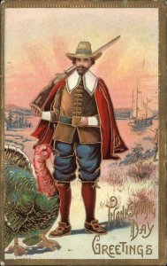 Thanksgiving Hunter Pilgrim with Gun and Turkey c1910 Vintage Postcard