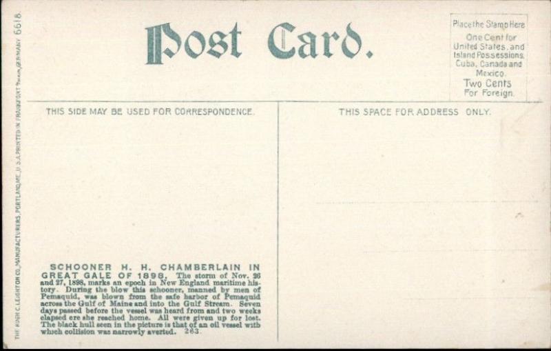Schooner Ship HH Chamberlain Great Gale of 1898 c1910 Postcard