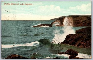 Postcard Lake Superior Ontario c1910 On The Shores Waves Crashing