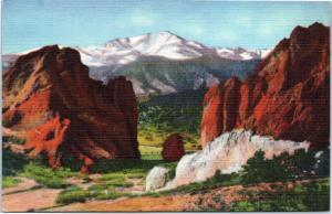 postcard Colorado, Garden of the Gods -view of Pike's Peak from the Gateway