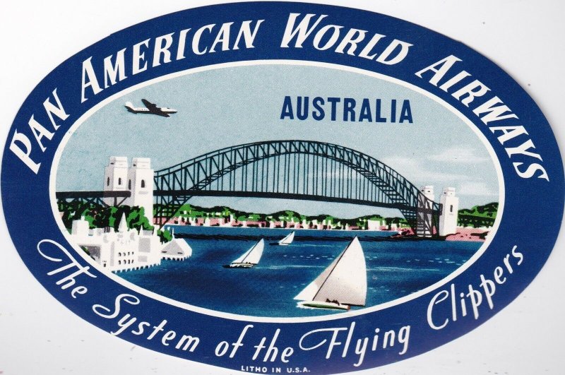 Pan American World Airways To Australia Vintage Airline Label lbl0126