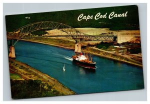 Vintage 1960's Postcard Aerial View of Ship Sailing through Cape Cod Canal MA