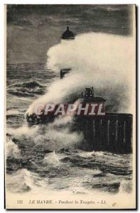 Old Postcard Lighthouse Le Havre during the storm