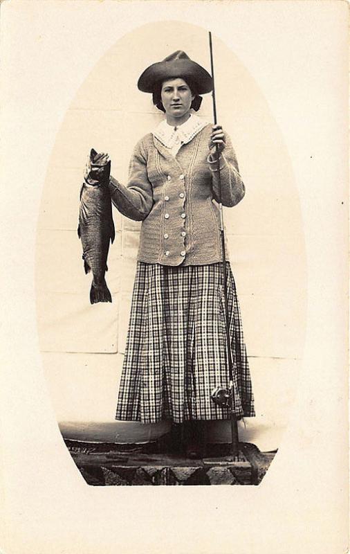 F. W. Cunningham Woman Fishing Rod & Reel Fish Montville ME RPPC Postcard