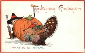 Gibson Thanksgiving Little Boy Pilgrim Hunting Turkey c1910 Vintage Postcard