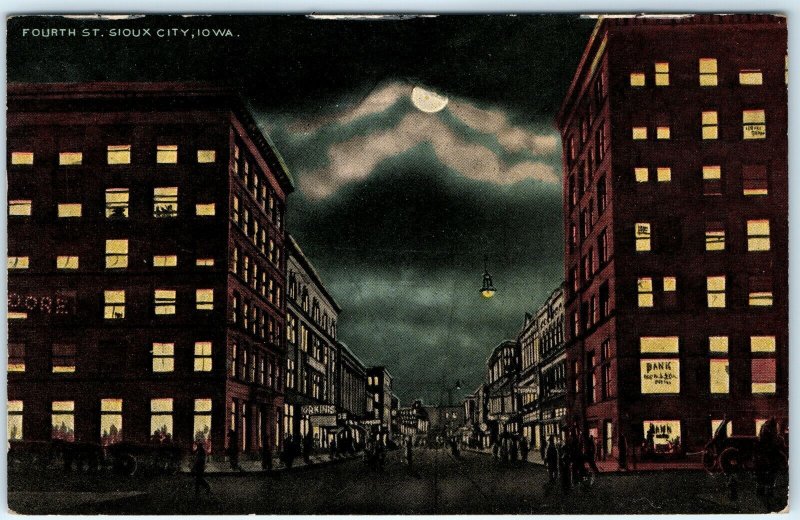 c1910s Sioux City, IA Night Fourth Street Postcard Main St Downtown Photo A33