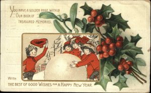 New Year Children Giant Snowball Holly Border c1910 Vintage Postcard