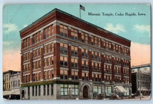 Cedar Rapids Iowa IA Postcard Masonic Temple Building Exterior 1910 Antique Flag