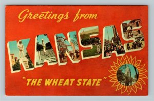 KS- Kansas, General Greetings, Big Letters, The Wheat State, Chrome Postcard