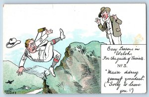 Wales Postcard Man Falling Scene Easy Lessons in Welsh c1910 Comic Humor