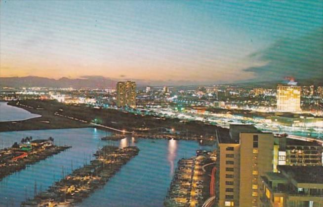 Hawaii Honolulu Waikiki's Likai Hotel & Ala Wai Yacht Harbor At Night