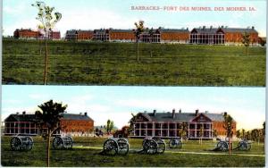 FORT DES MOINES, IA Iowa   2 Views of the BARRACKS   CANNONS   c1910s   Postcard