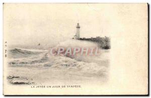 Old Postcard La Jetee A Day Of Storm Lighthouse